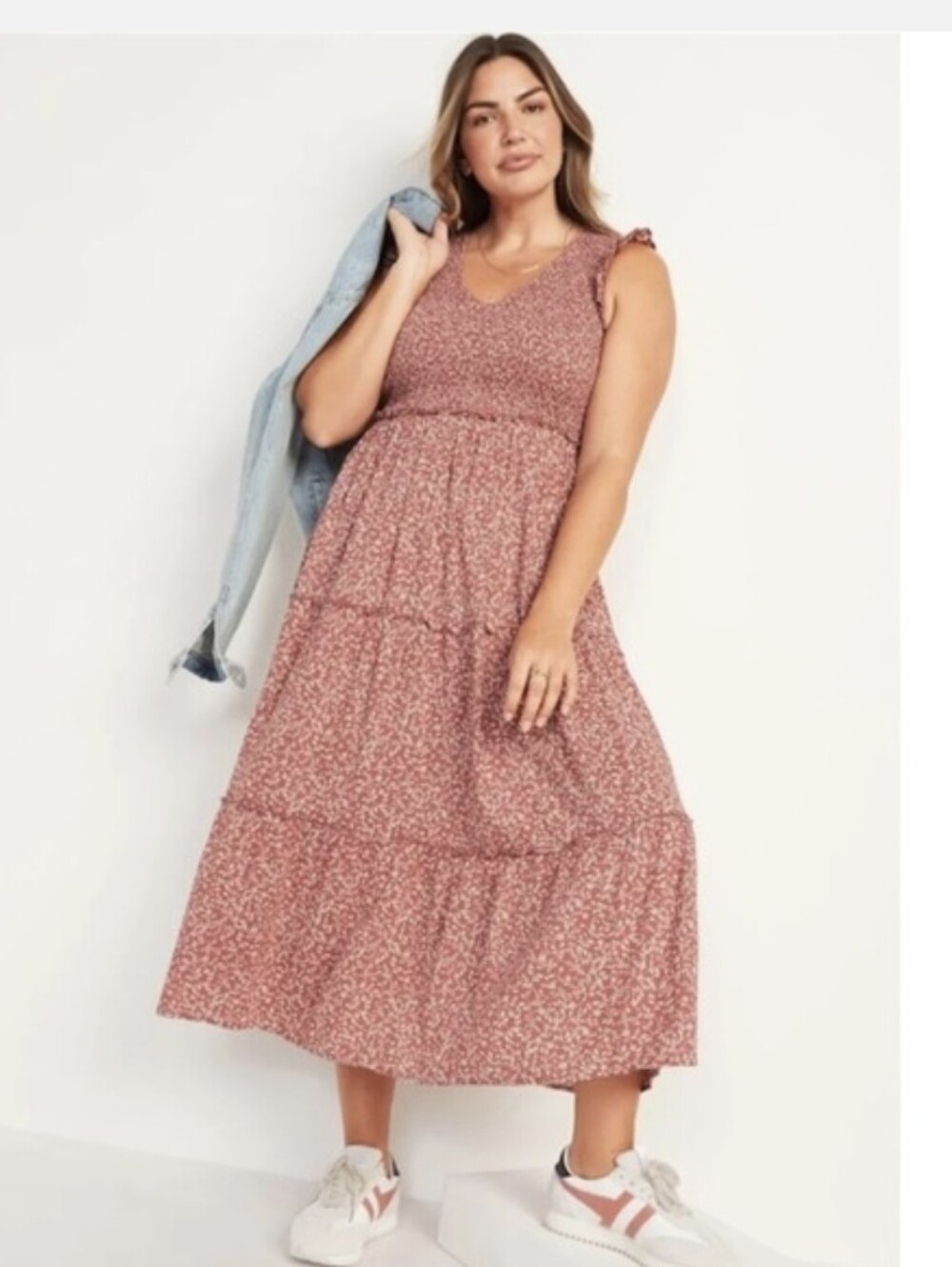 Old Navy Fit & Flare Smocked V-neck Tiered Floral Print Maxi Dress Mauve Boho